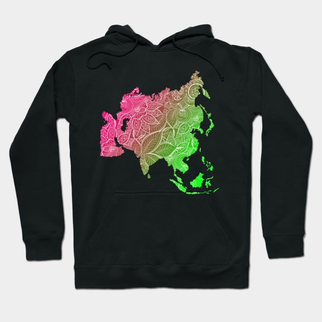 Colorful mandala art map of Asia with text in pink and green Hoodie by Happy Citizen